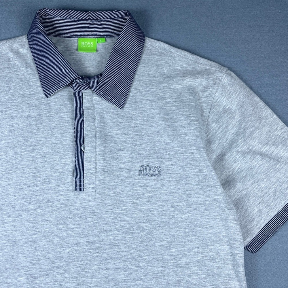Hugo Boss Green Label Mens Gray Heather Striped Trim Polo Shirt Size L